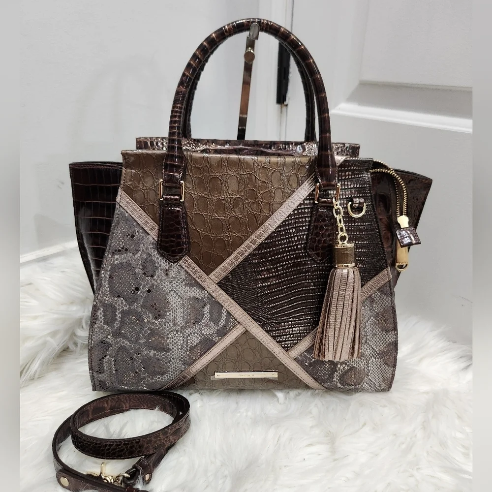 🔹️BRAHMIN🔹️RARE TAUPE Tempera PRISCILLA Satchel Croc Python Patchwork Leather - Picture 3 of 17